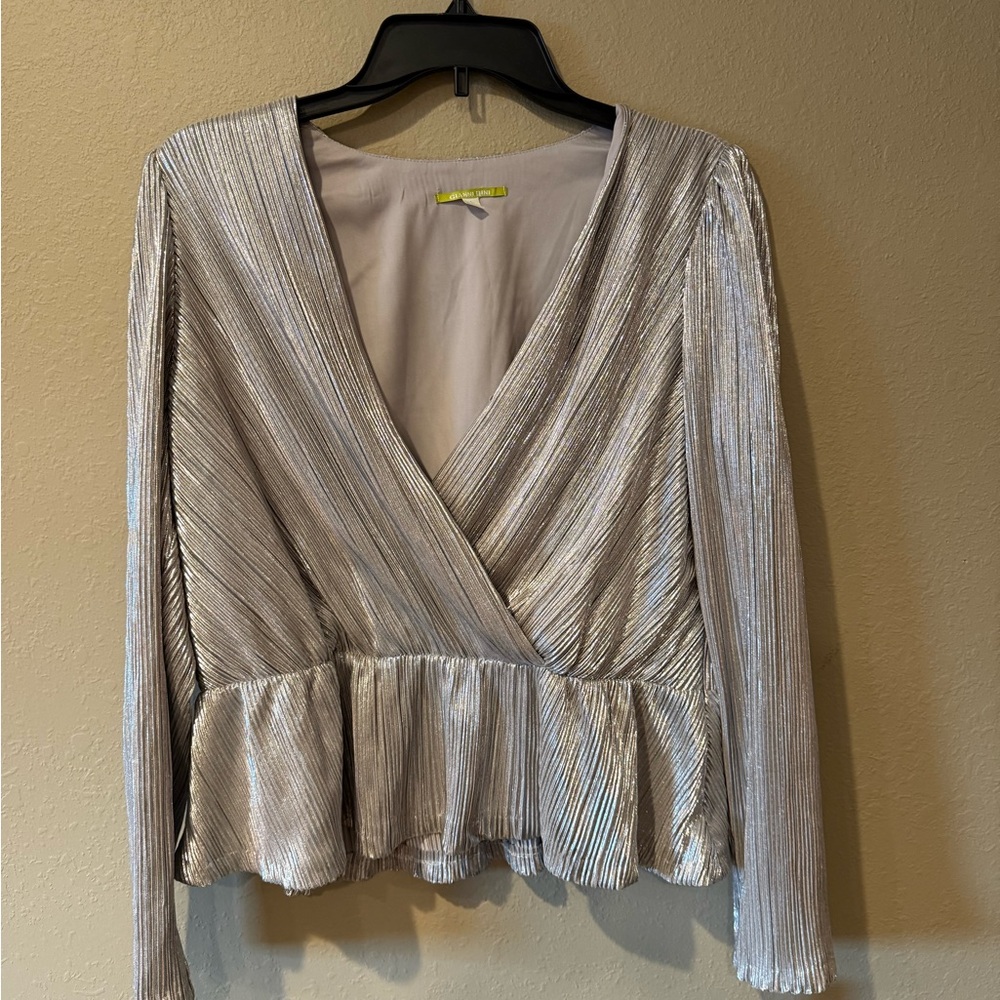 Gianni Bini Metallic Silver Pleated Blouse